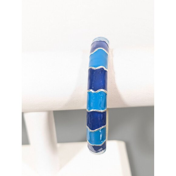 Blue Enamel Stripe Bangle Bracelet Silver Tone 8" Coastal Chic - Picture 1 of 7